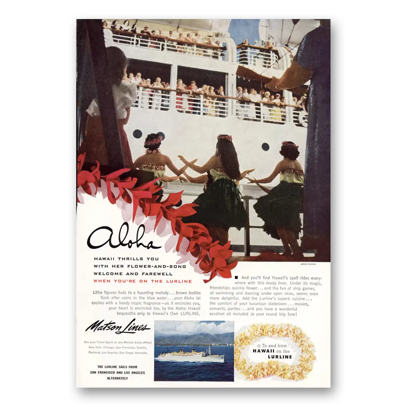 1952 Matson Line Aloha Hawaii Thrills You Vintage Magazine Print Ad