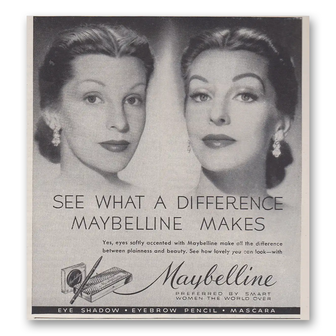 1952 Maybelline Eye Makeup See What a Difference Maybelline Makes Vintage Magazine Print Ad