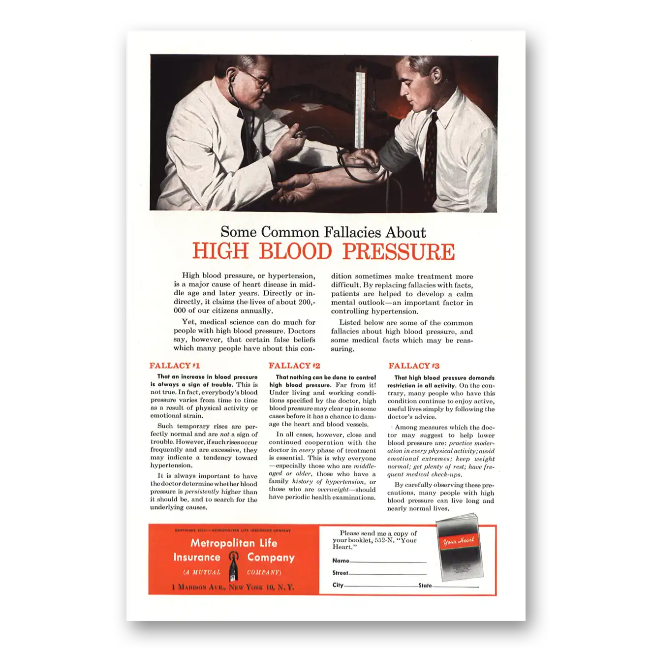 1952 Metropolitan Life Insurance High Blood Pressure Vintage Magazine Print Ad