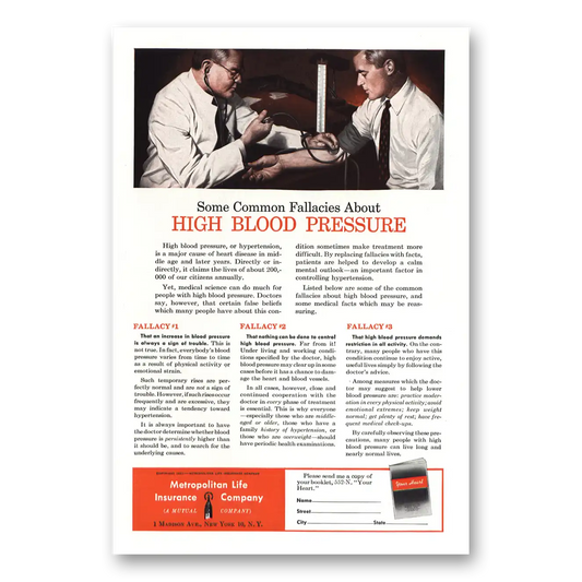 1952 Metropolitan Life Insurance High Blood Pressure Vintage Magazine Print Ad