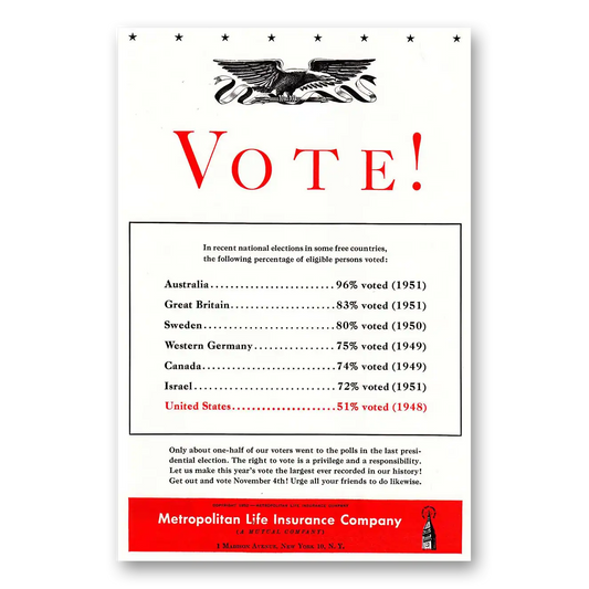 1952 Metropolitan Life Insurance Vote Recent National Elections Vintage Magazine Print Ad