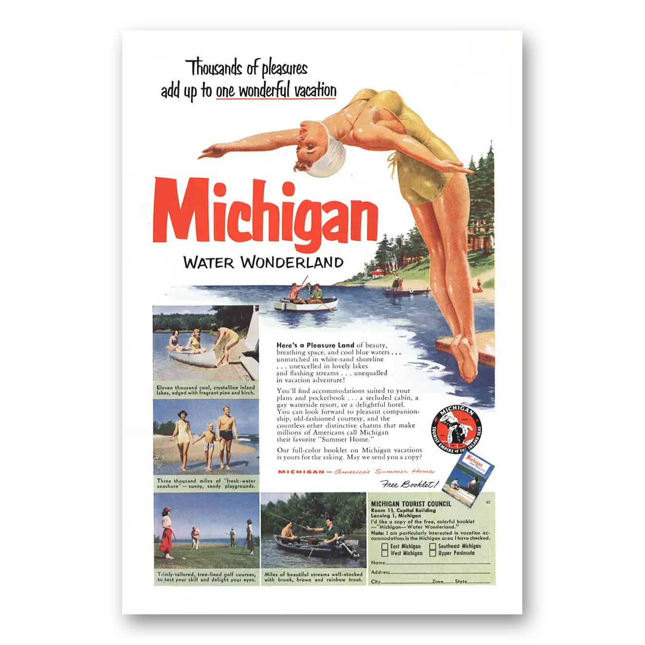 1952 Michigan Water Wonderland Thousands of Pleasures Vintage Magazine Print Ad