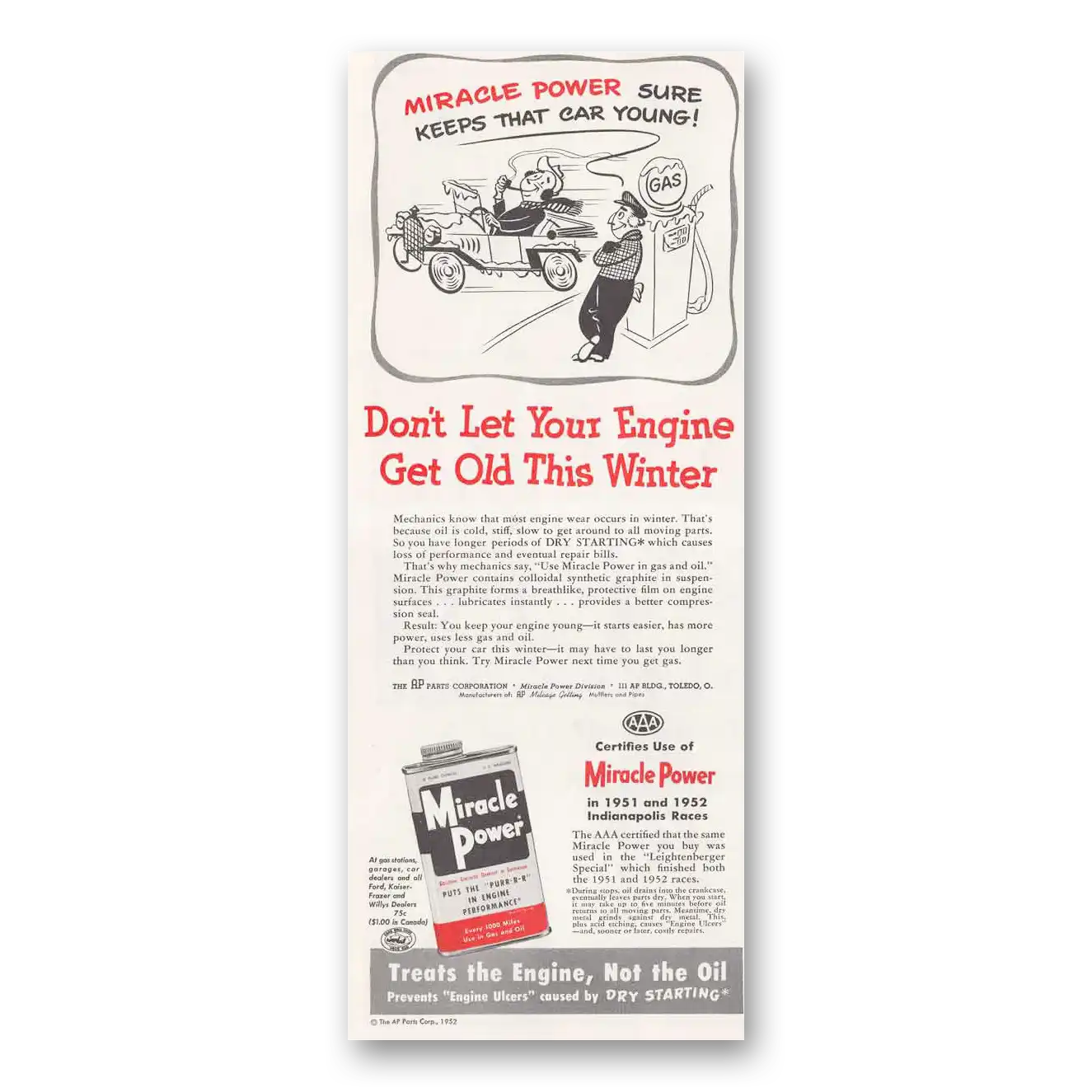 1952 Miracle Power Keeps That Car Young Vintage Magazine Print Ad