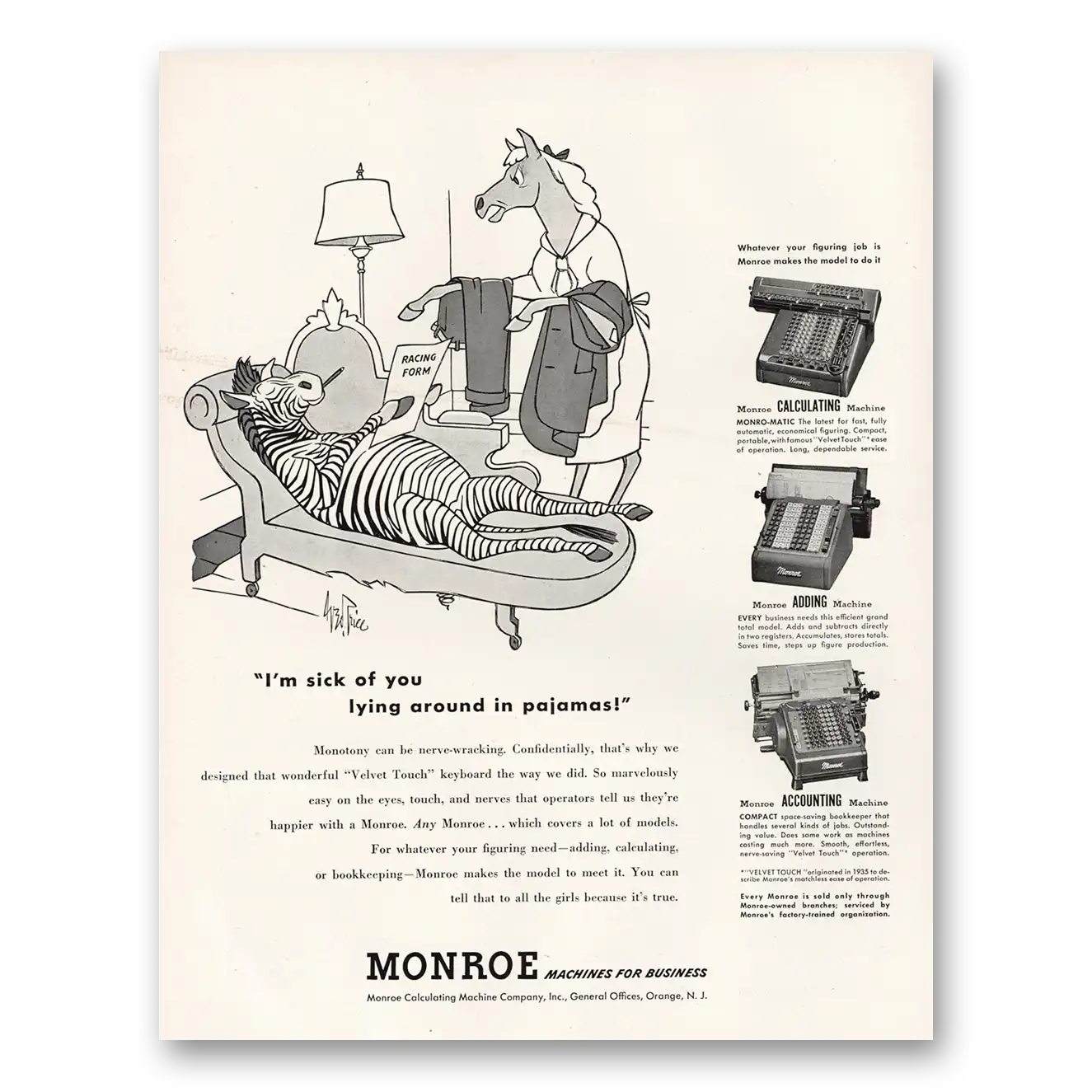 1952 Monroe Calculating Machines Adding Machines Lying Around In Pajamas Vintage Magazine Print Ad