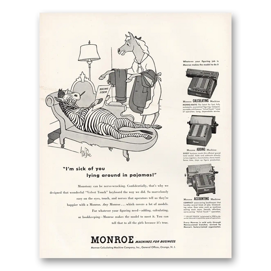 1952 Monroe Calculating Machines Adding Machines Lying Around In Pajamas Vintage Magazine Print Ad