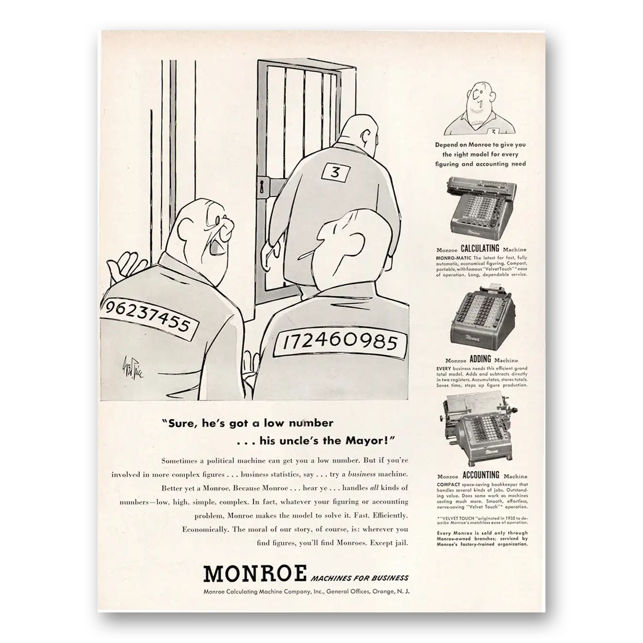 1952 Monroe Calculating Machines Adding Machines His Uncles the Mayor Vintage Magazine Print Ad