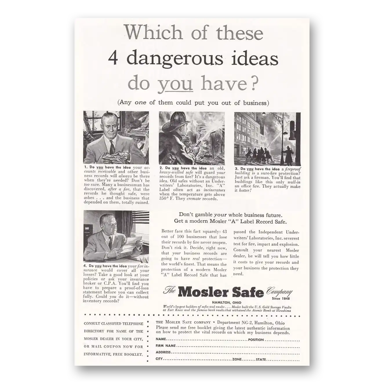 1952 Mosler Safe Dangerous Ideas Vintage Magazine Print Ad