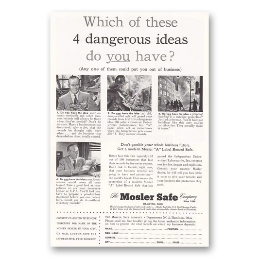 1952 Mosler Safe Dangerous Ideas Vintage Magazine Print Ad