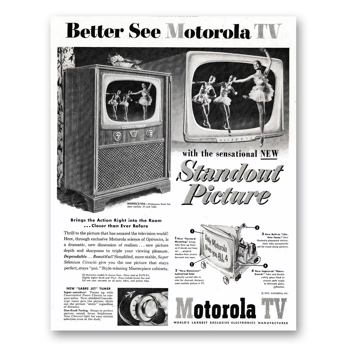 1952 Motorola Television Sensational New Standout Picture Vintage Magazine Print Ad