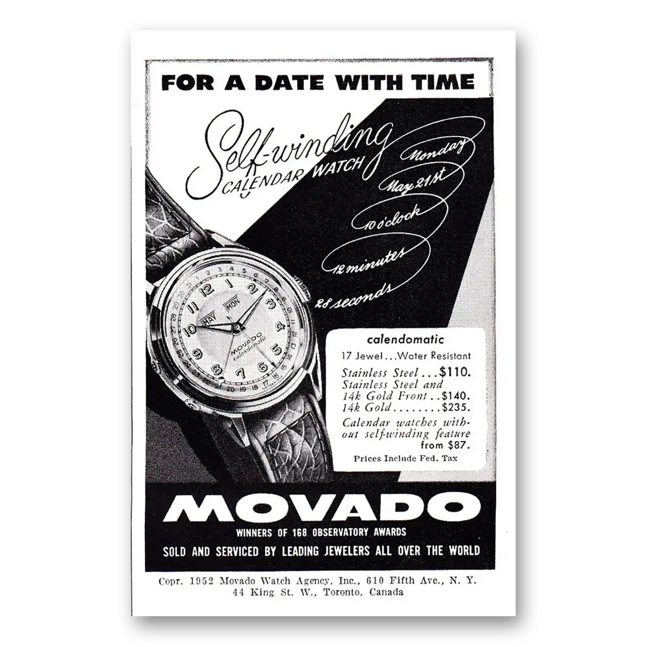 1952 Movado Watch For a Date With Time Vintage Magazine Print Ad