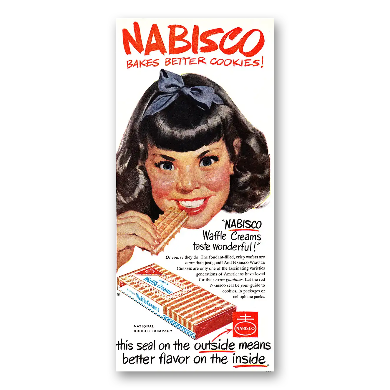 1952 Nabisco Waffle Creams Bakes Better Cookies Vintage Magazine Print Ad