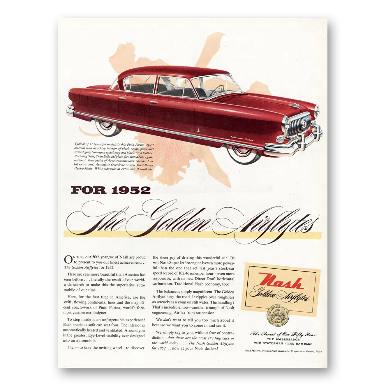 1952 Nash Motors Golden Airflytes Vintage Magazine Print Ad