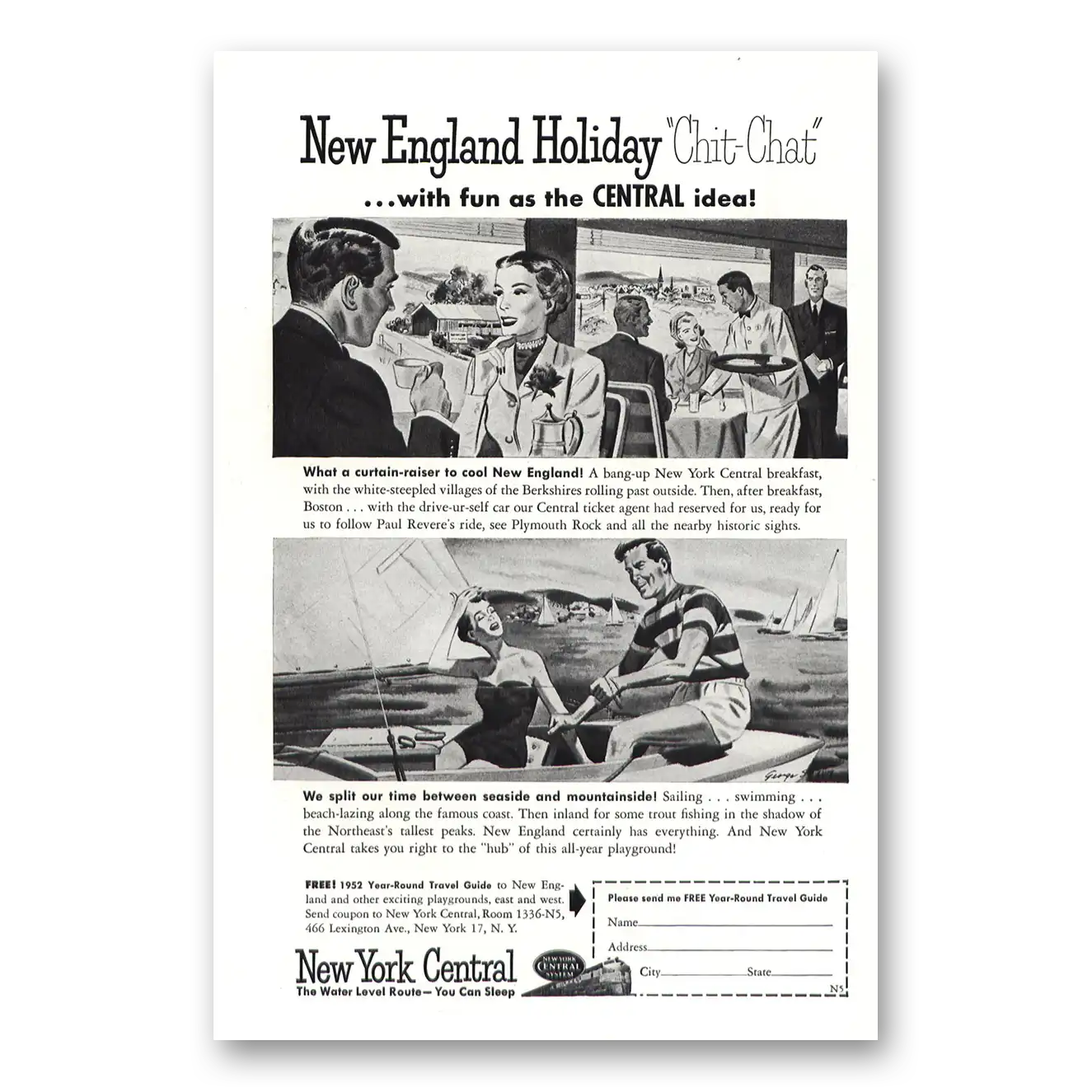 1952 New York Central New England Holiday Chit Chat Vintage Magazine Print Ad