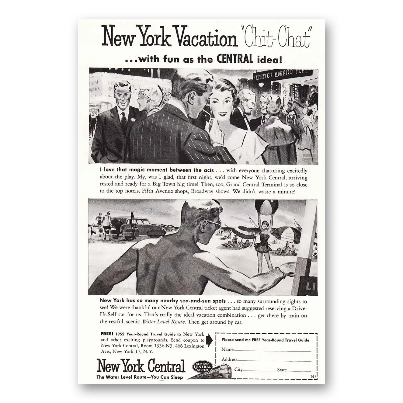 1952 New York Central New York Vacation Chit Chat Vintage Magazine Print Ad