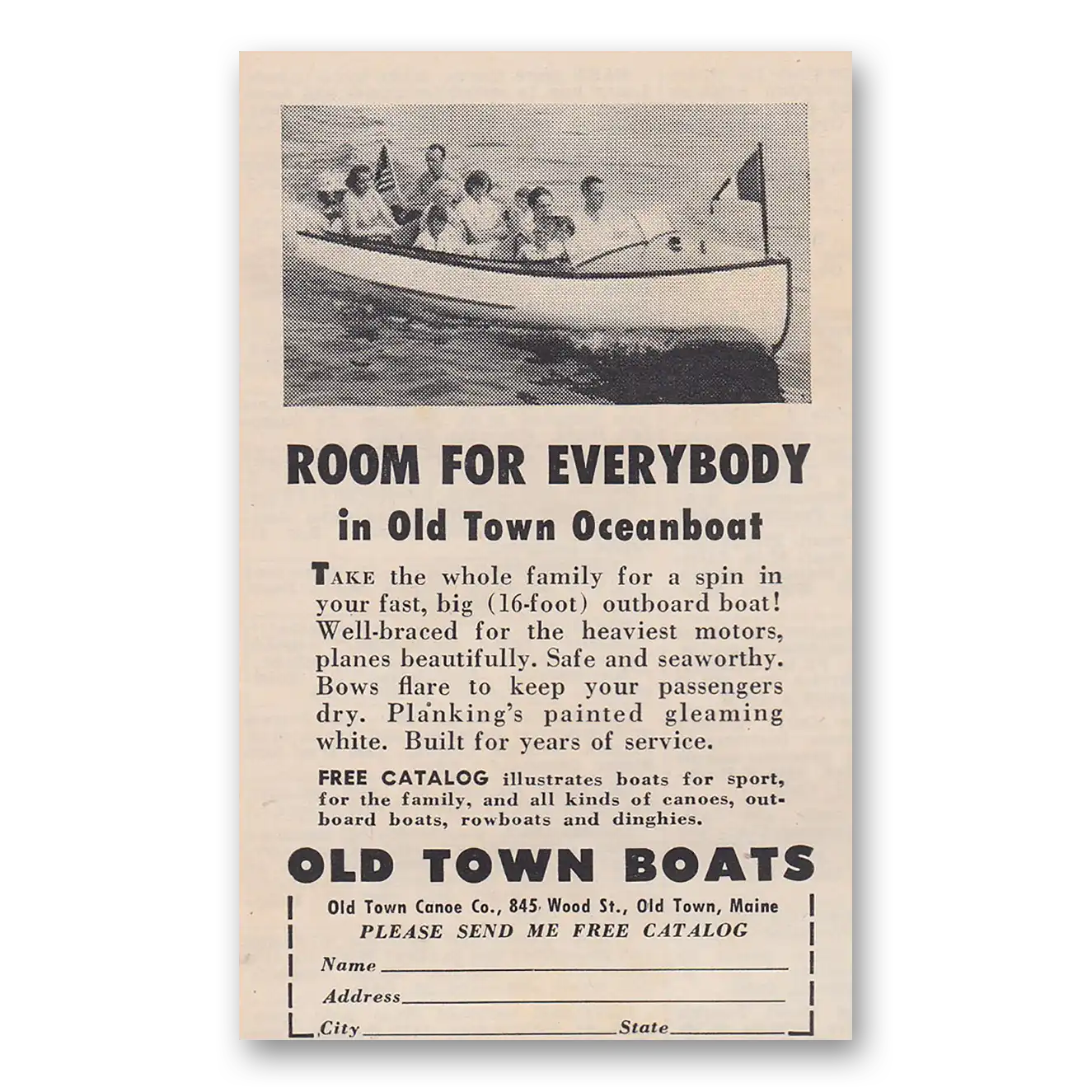 1952 Old Town Canoe Room for Everybody Oceanboat Vintage Magazine Print Ad