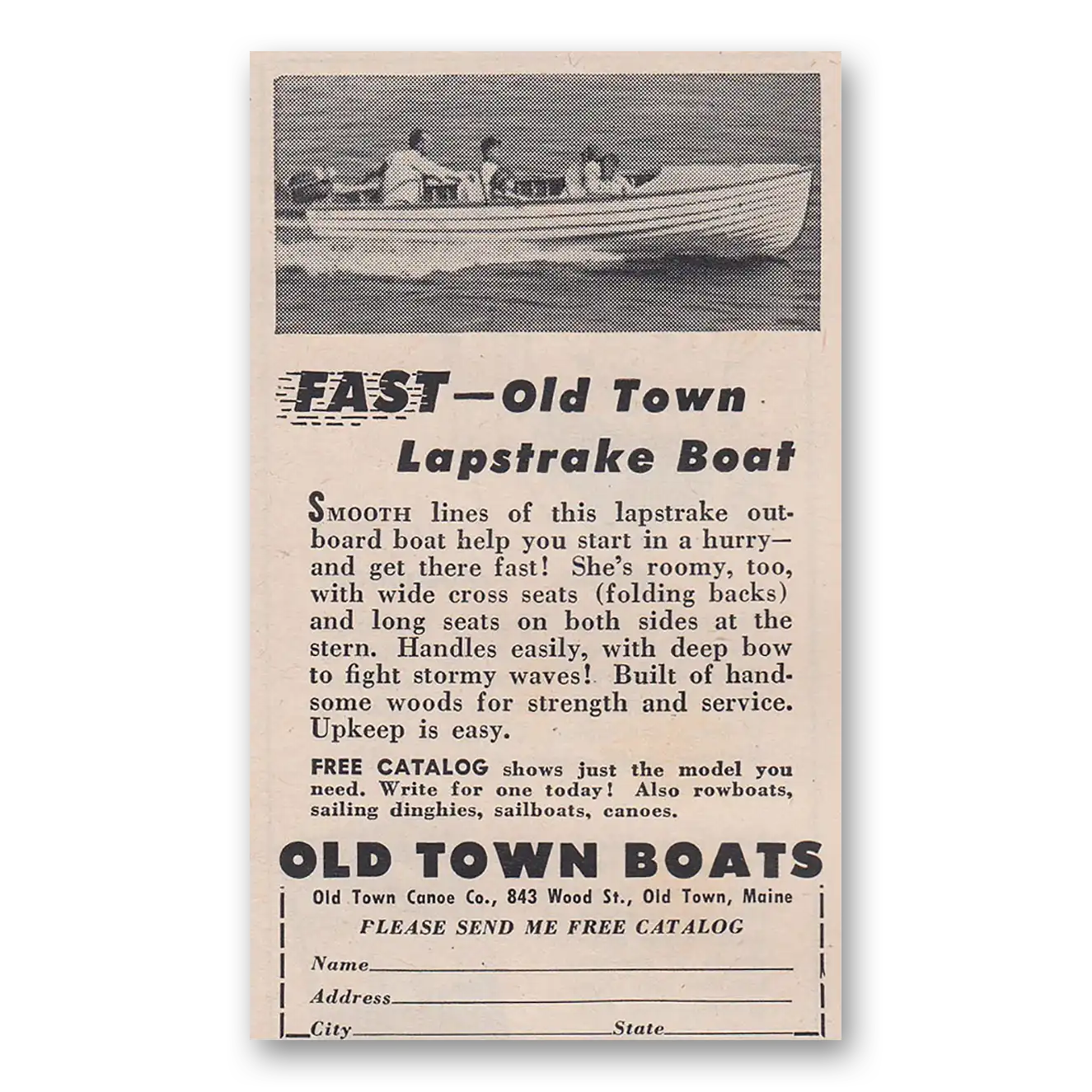 1952 Old Town Canoe Fast Old Town Lapstrake Boat Vintage Magazine Print Ad