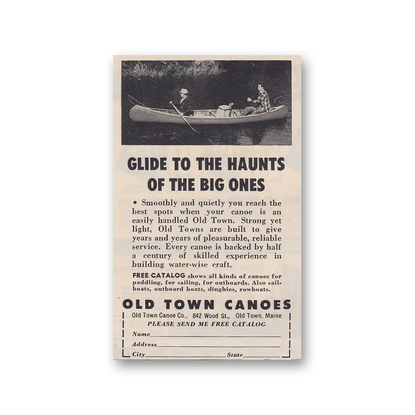 1952 Old Town Canoe Glide to the Haunts of the Big Ones Vintage Magazine Print Ad