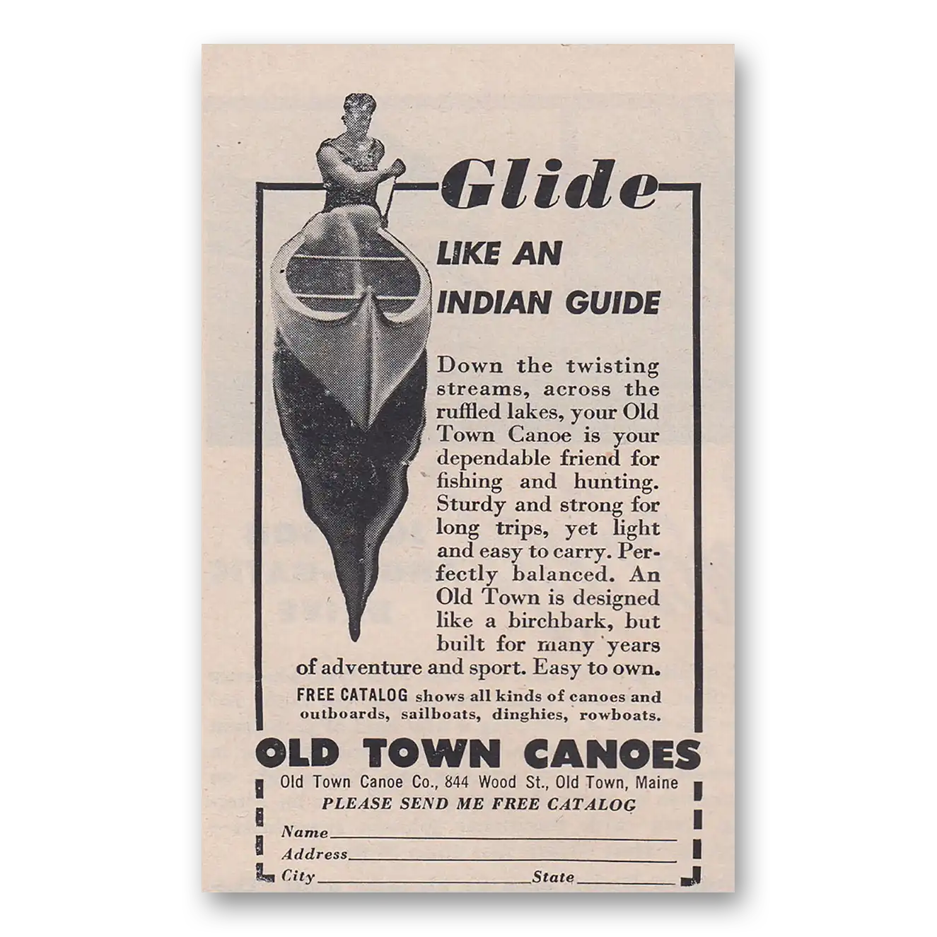 1952 Old Town Canoe Glide Like an Indian Guide Vintage Magazine Print Ad