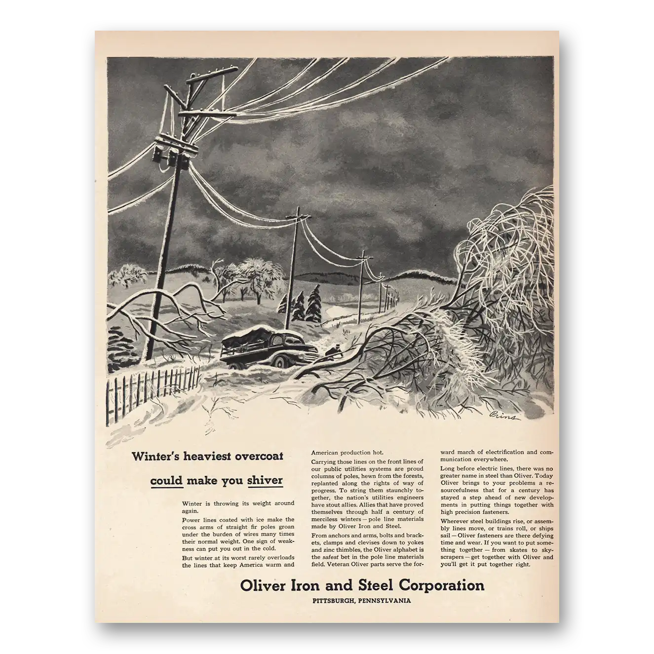 1952 Oliver Iron and Steel Winters Heaviest Overcoat Vintage Magazine Print Ad