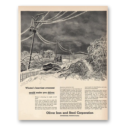 1952 Oliver Iron and Steel Winters Heaviest Overcoat Vintage Magazine Print Ad