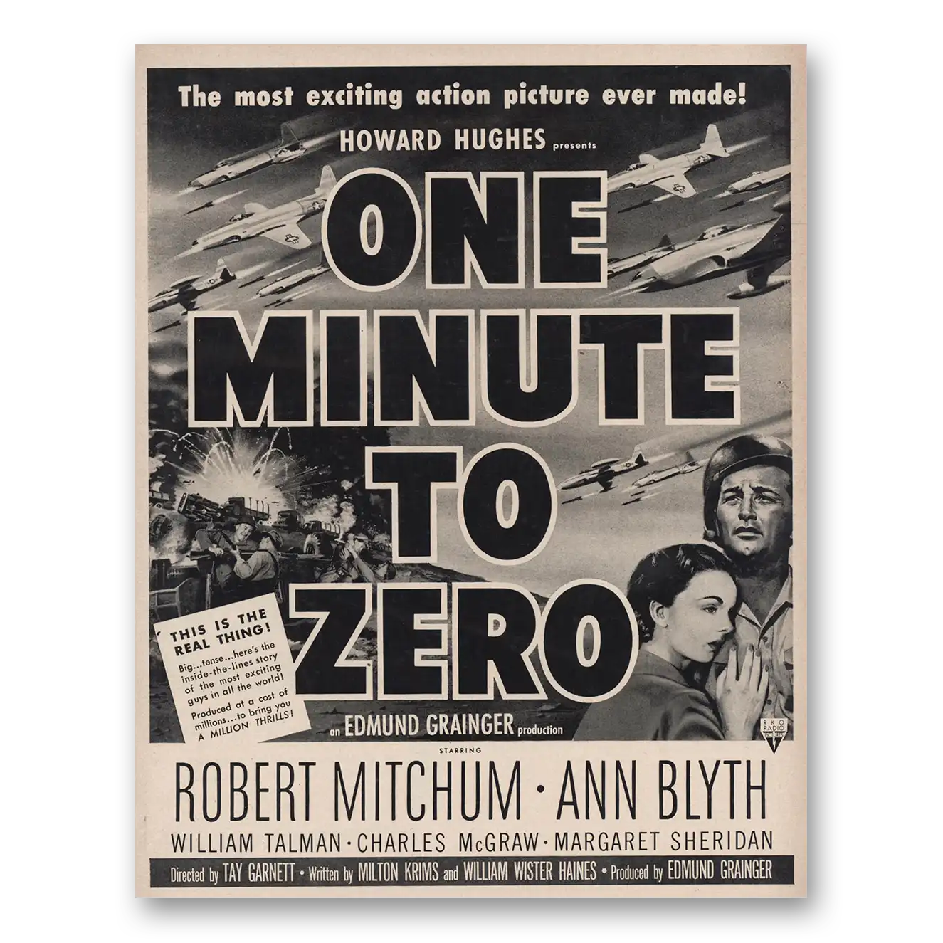 1952 One Minute to Zero Movie Promo Howard Hughes and Robert Mitchum Vintage Magazine Print Ad