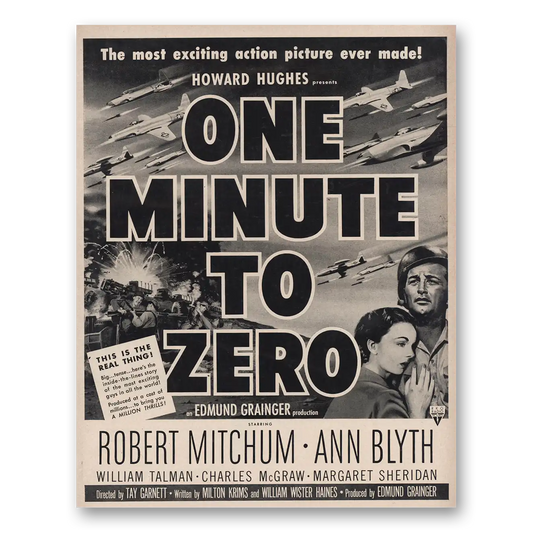 1952 One Minute to Zero Movie Promo Howard Hughes and Robert Mitchum Vintage Magazine Print Ad