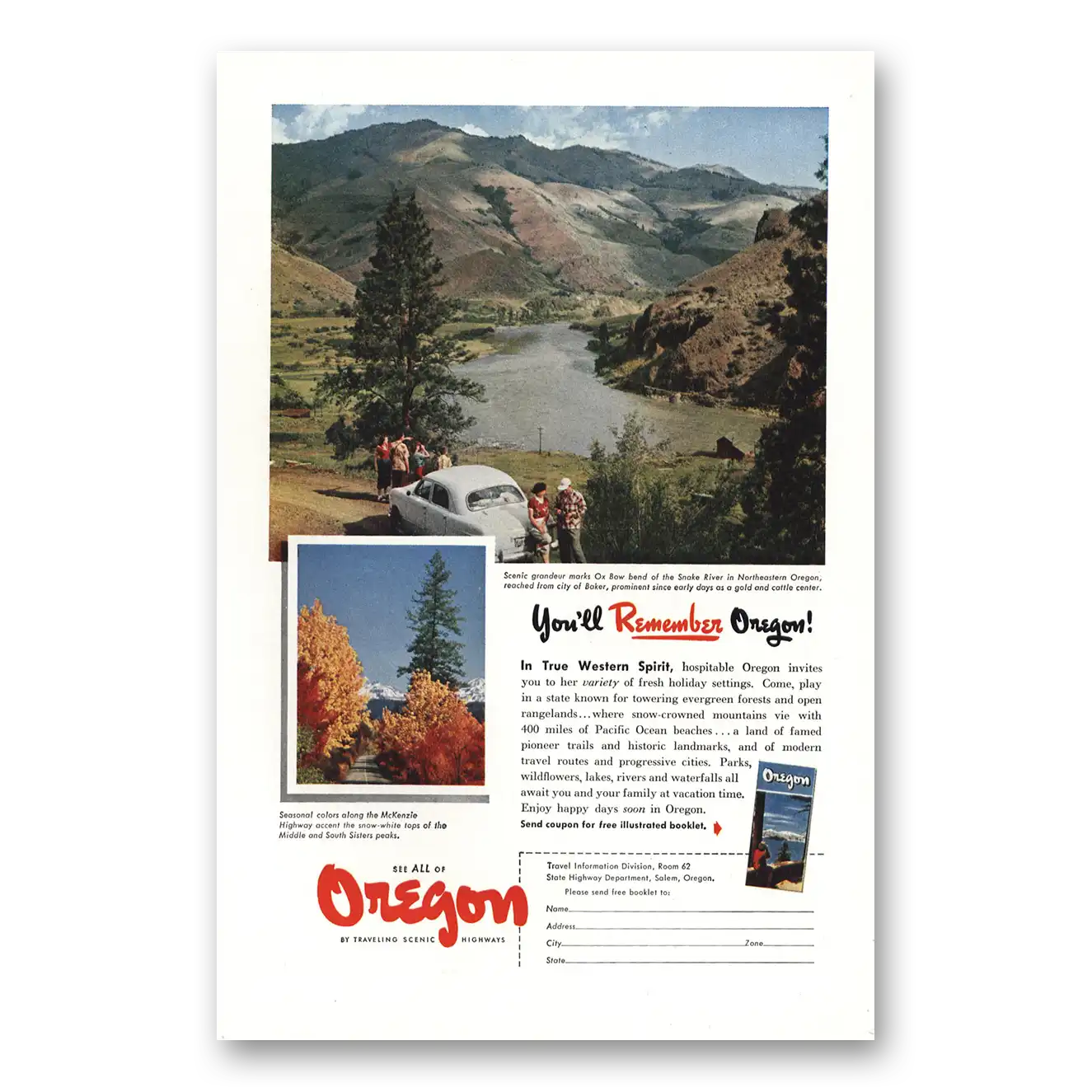 1952 Oregon Ox Bow Snake River Vintage Magazine Print Ad