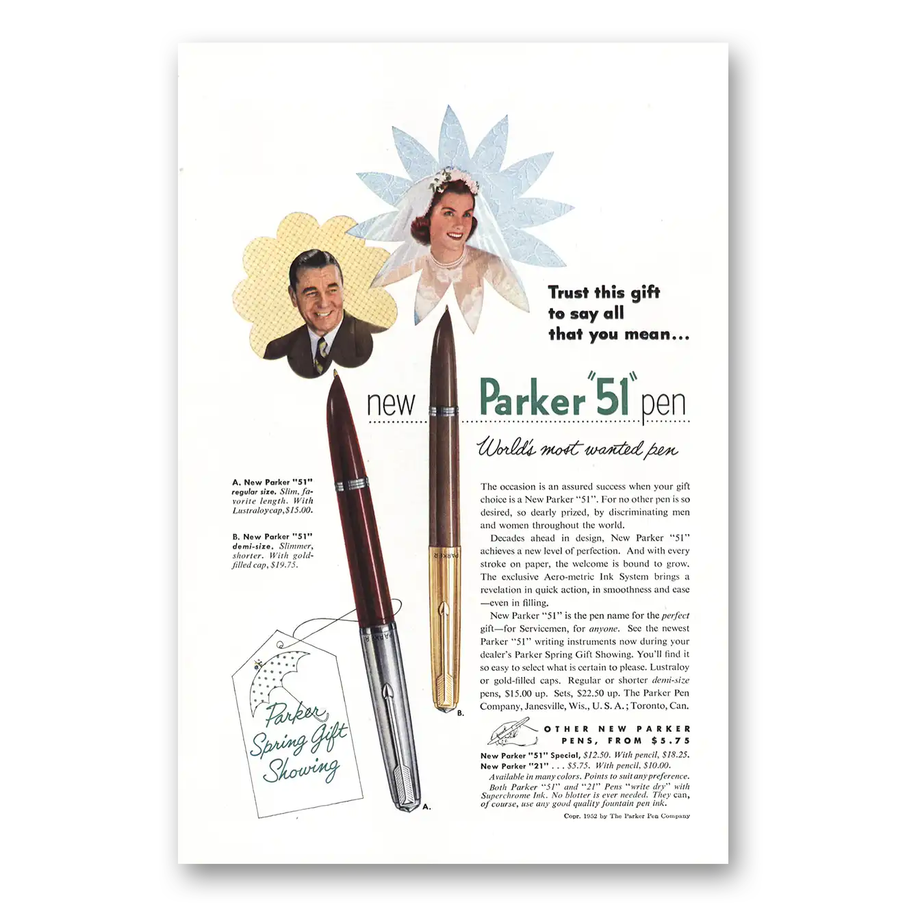 1952 Parker 51 Pen Trust This Gift To Say All That You Mean Vintage Magazine Print Ad