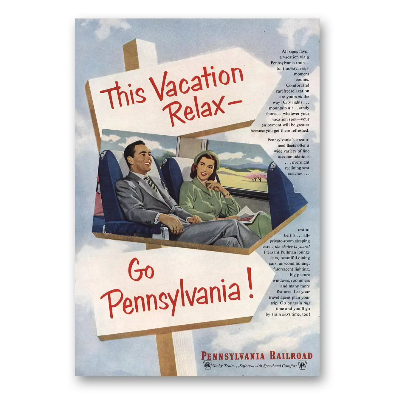 1952 Pennsylvania Railroad This Vacation Relax All Signs Favor Vintage Magazine Print Ad