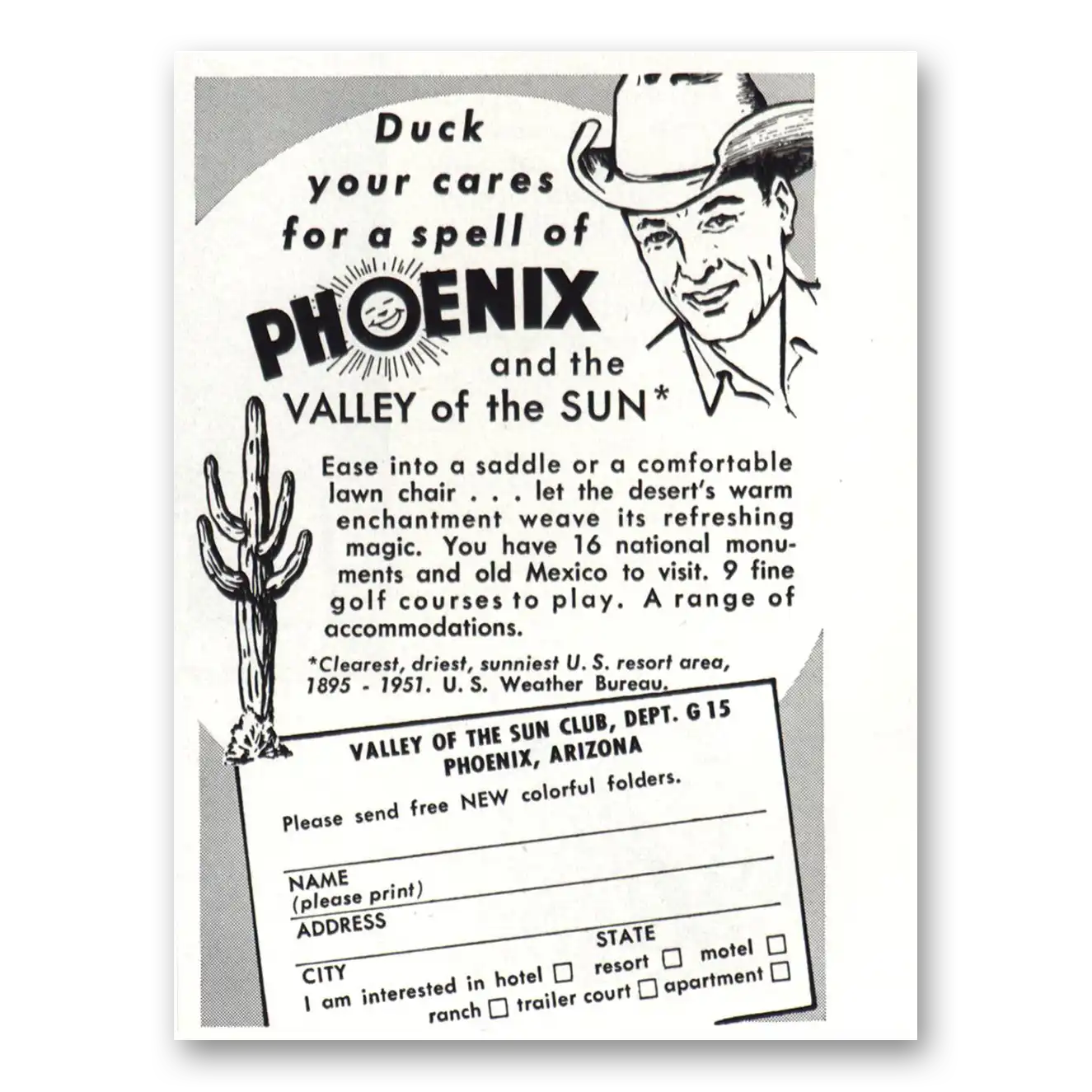 1952 Phoenix Arizona Duck Your Cares for a Spell Vintage Magazine Print Ad