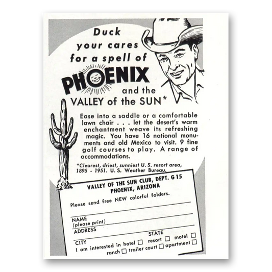 1952 Phoenix Arizona Duck Your Cares for a Spell Vintage Magazine Print Ad