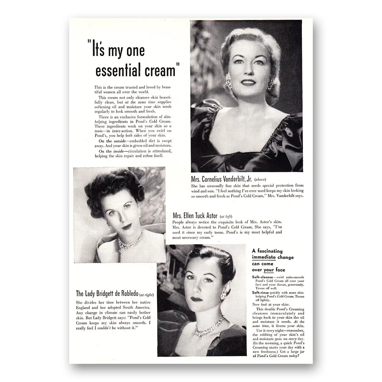 1952 Ponds Cold Cream Vanderbilt Astor Robledo Vintage Magazine Print Ad