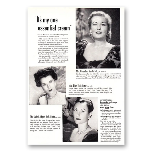 1952 Ponds Cold Cream Vanderbilt Astor Robledo Vintage Magazine Print Ad