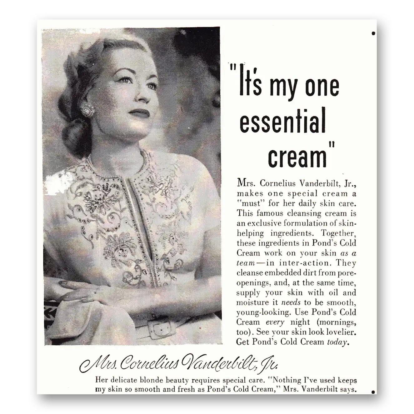 1952 Ponds Cold Cream Mrs Cornelius Vanderbilt Vintage Magazine Print Ad