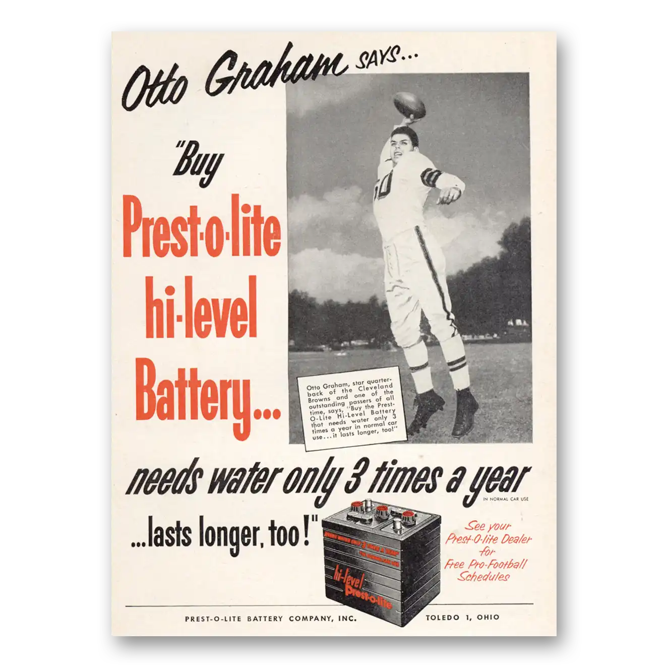 1952 Prest O Lite Car Battery Otto Graham Vintage Magazine Print Ad