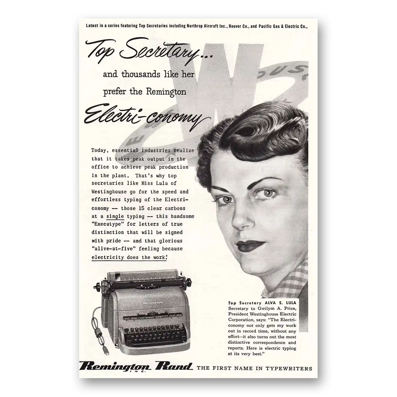 1952 Remington Typewriter Alva S Lula Top Secretary Vintage Magazine Print Ad