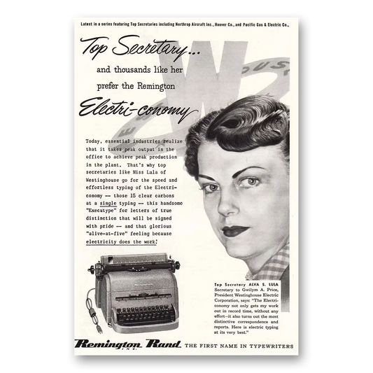 1952 Remington Typewriter Alva S Lula Top Secretary Vintage Magazine Print Ad