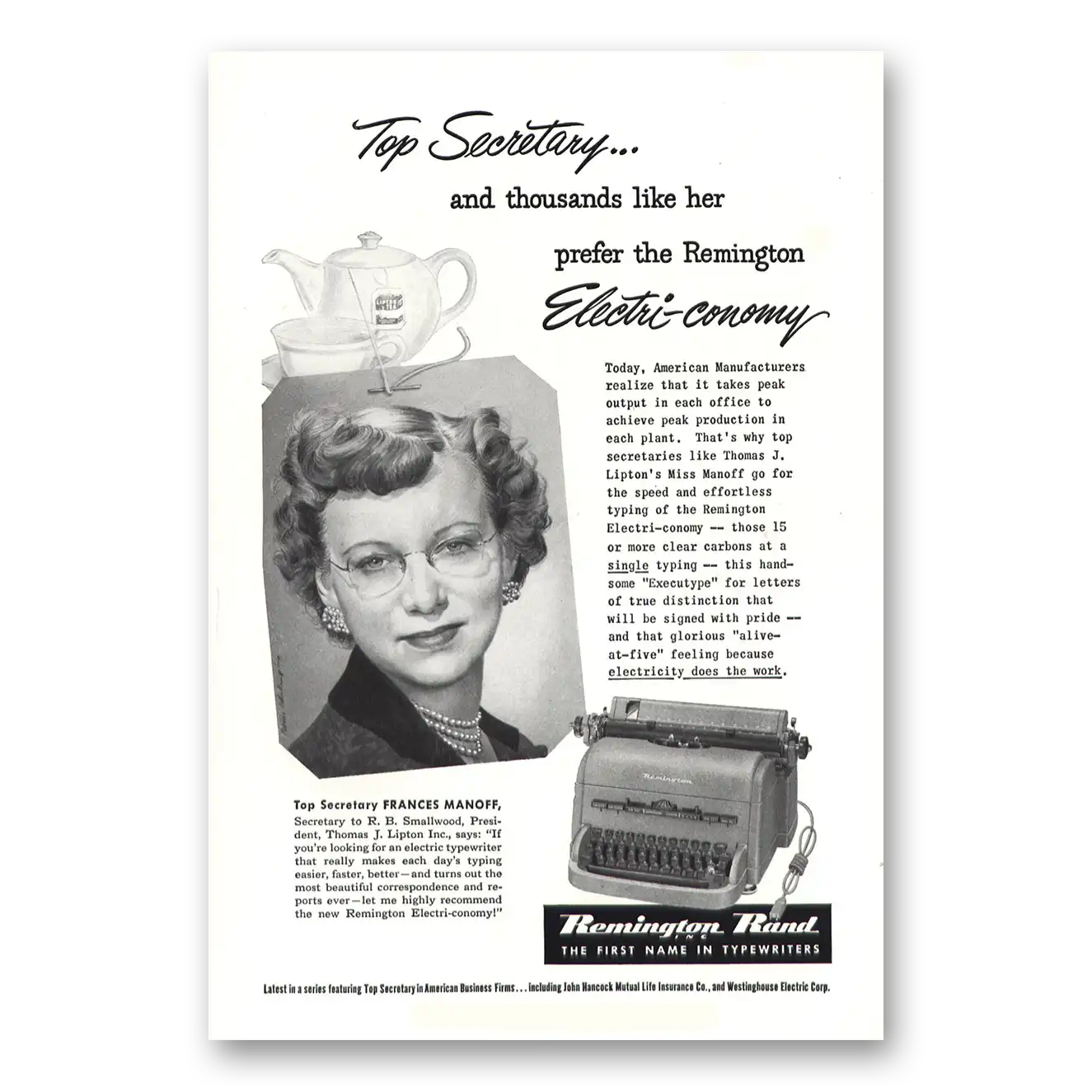 1952 Remington Typewriter Frances Manoff Top Secretary Vintage Magazine Print Ad