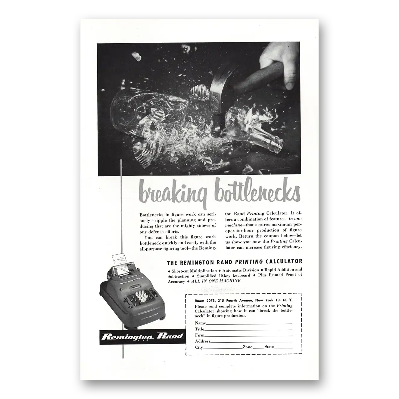 1952 Remington Rand Printing Calculator Breaking Bottlenecks Vintage Magazine Print Ad