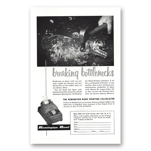 1952 Remington Rand Printing Calculator Breaking Bottlenecks Vintage Magazine Print Ad