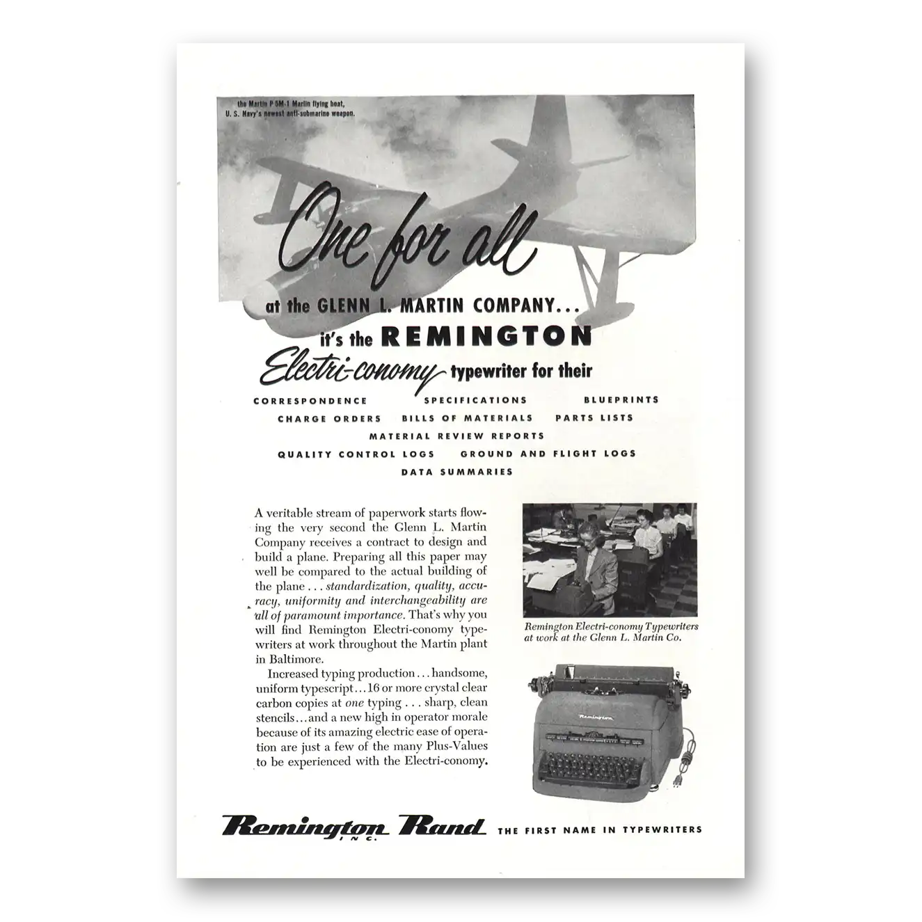 1952 Remington Typewriter One for All Glenn L Martin Vintage Magazine Print Ad