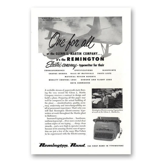 1952 Remington Typewriter One for All Glenn L Martin Vintage Magazine Print Ad