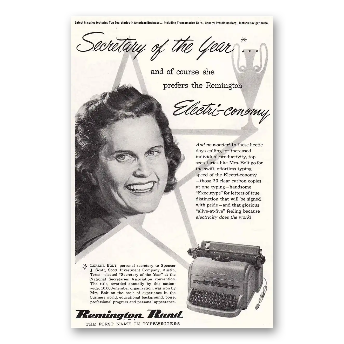 1952 Remington Typewriter Lorene Bolt Secretary of the Year Vintage Magazine Print Ad