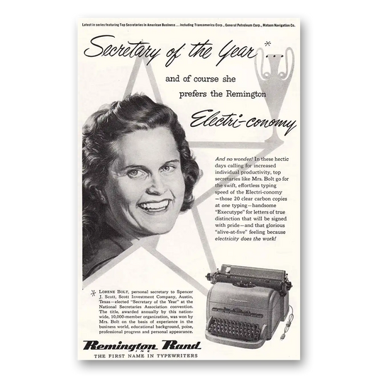 1952 Remington Typewriter Lorene Bolt Secretary of the Year Vintage Magazine Print Ad