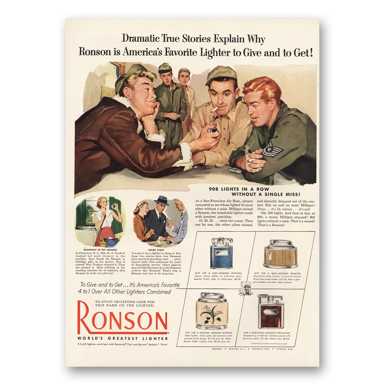 1952 Ronson Dramatic True Stories Vintage Magazine Print Ad
