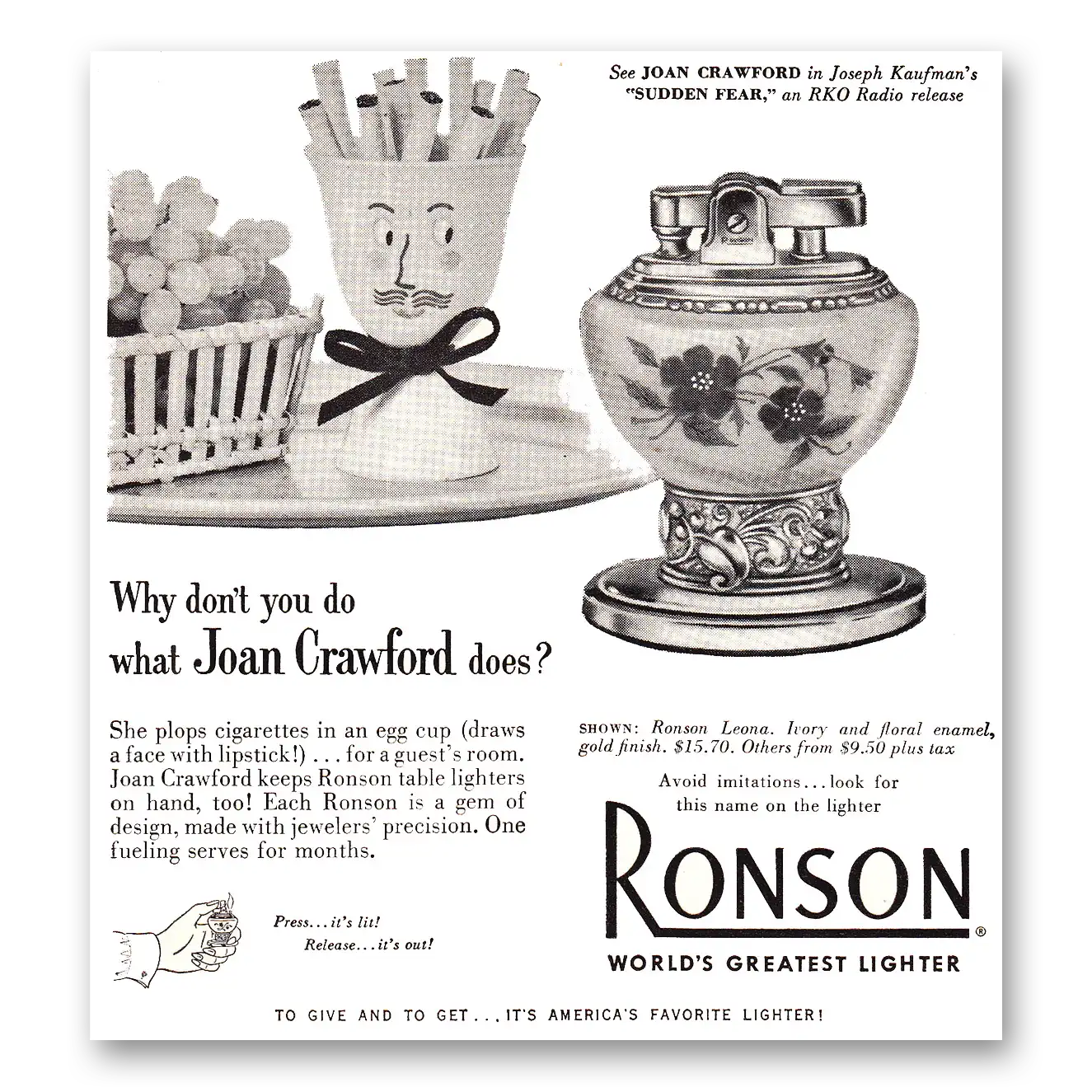 1952 Ronson Lighters Why Don't You Do What Joan Crawford Vintage Magazine Print Ad