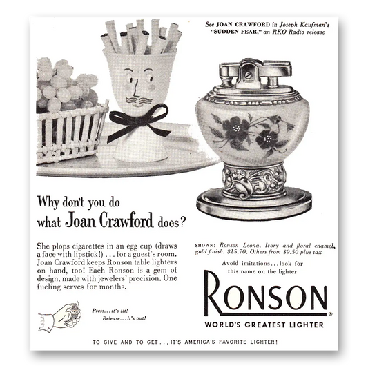 1952 Ronson Lighters Why Don't You Do What Joan Crawford Vintage Magazine Print Ad