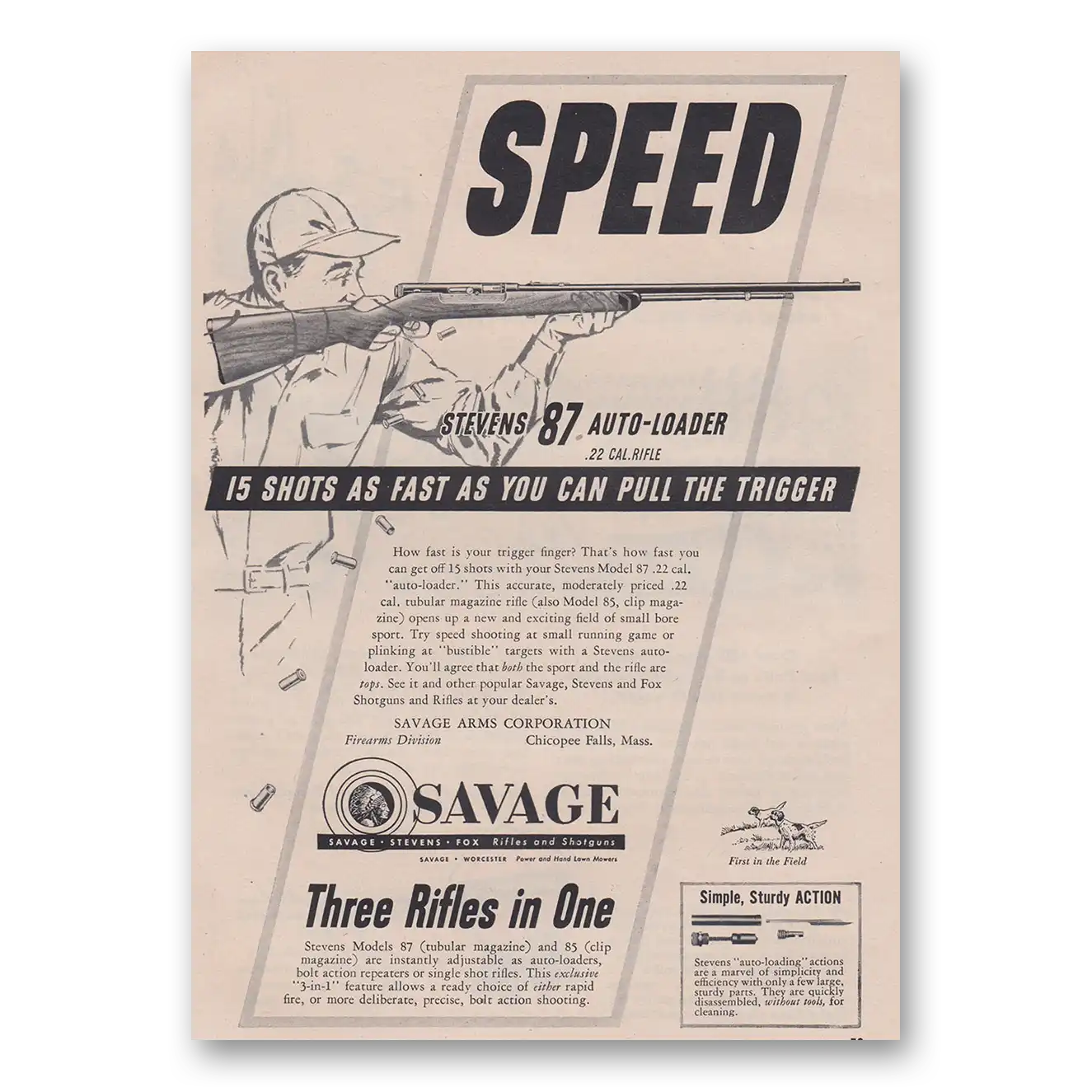 1952 Savage Arms As Fast As You Can Pull the Trigger Vintage Magazine Print Ad