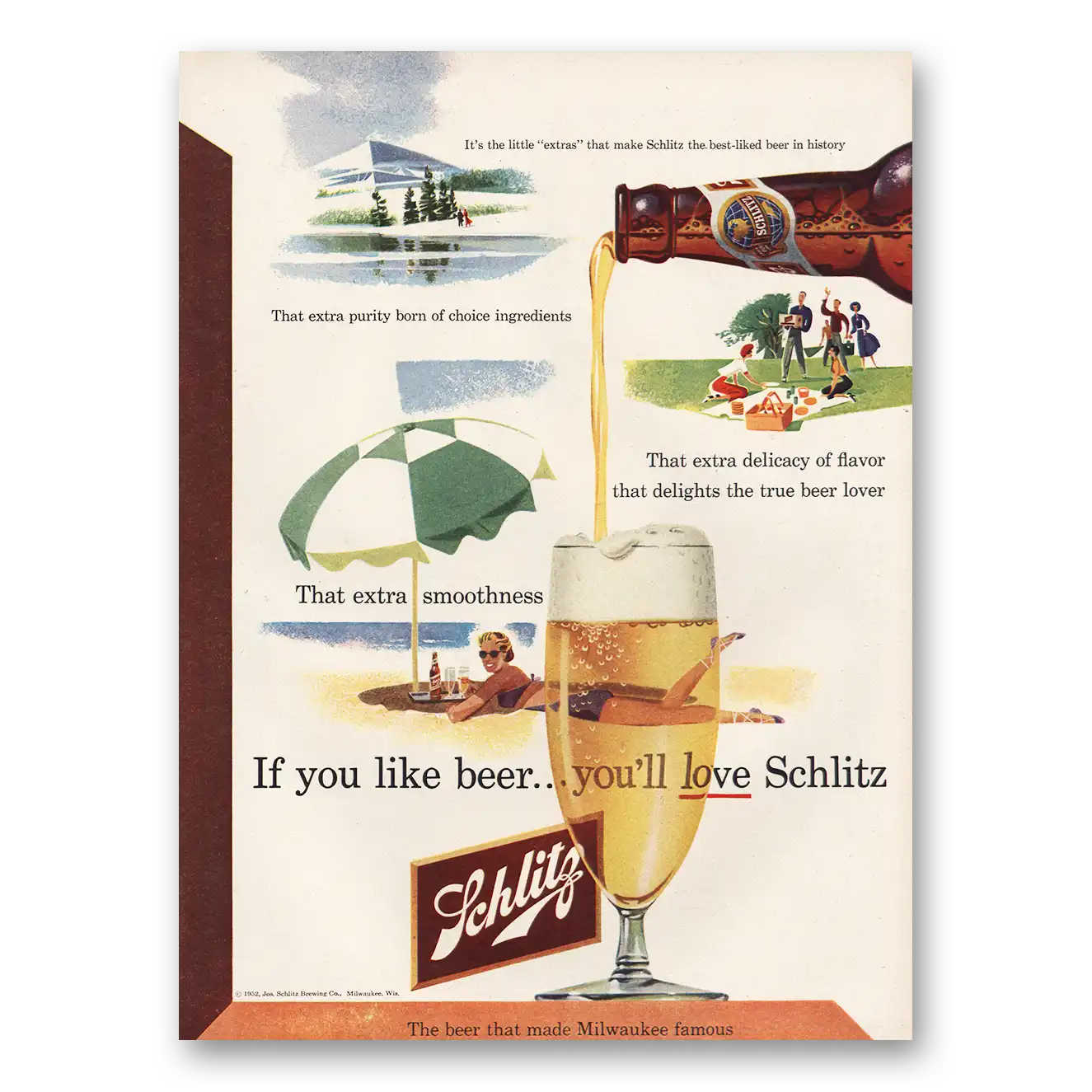 1952 Schlitz Beer If You Like Beer Little Extras Vintage Magazine Print Ad