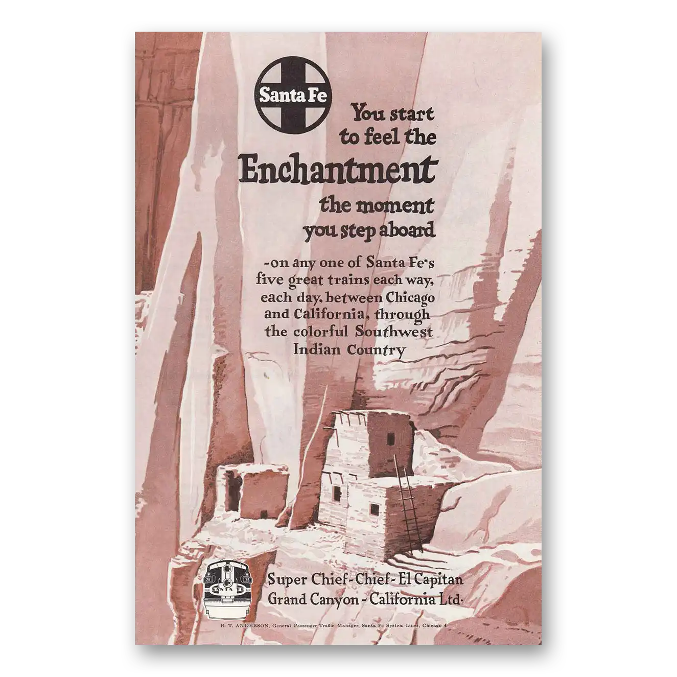 1952 Santa Fe Railway Enchantment Vintage Magazine Print Ad